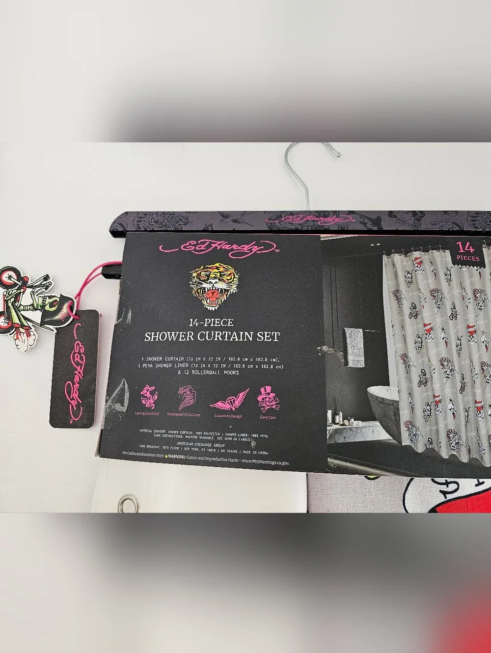 NWT!  Ed Hardy Shower Curtain 14 Piece Set with SHADOW Tattoo Love Kills Design